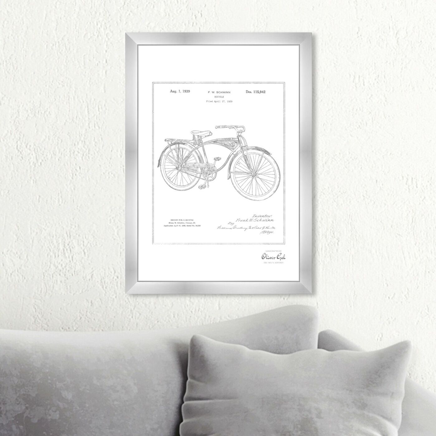 Hanging view of Schwinn Bicycle, Silver Foil featuring transportation and bicycles art.