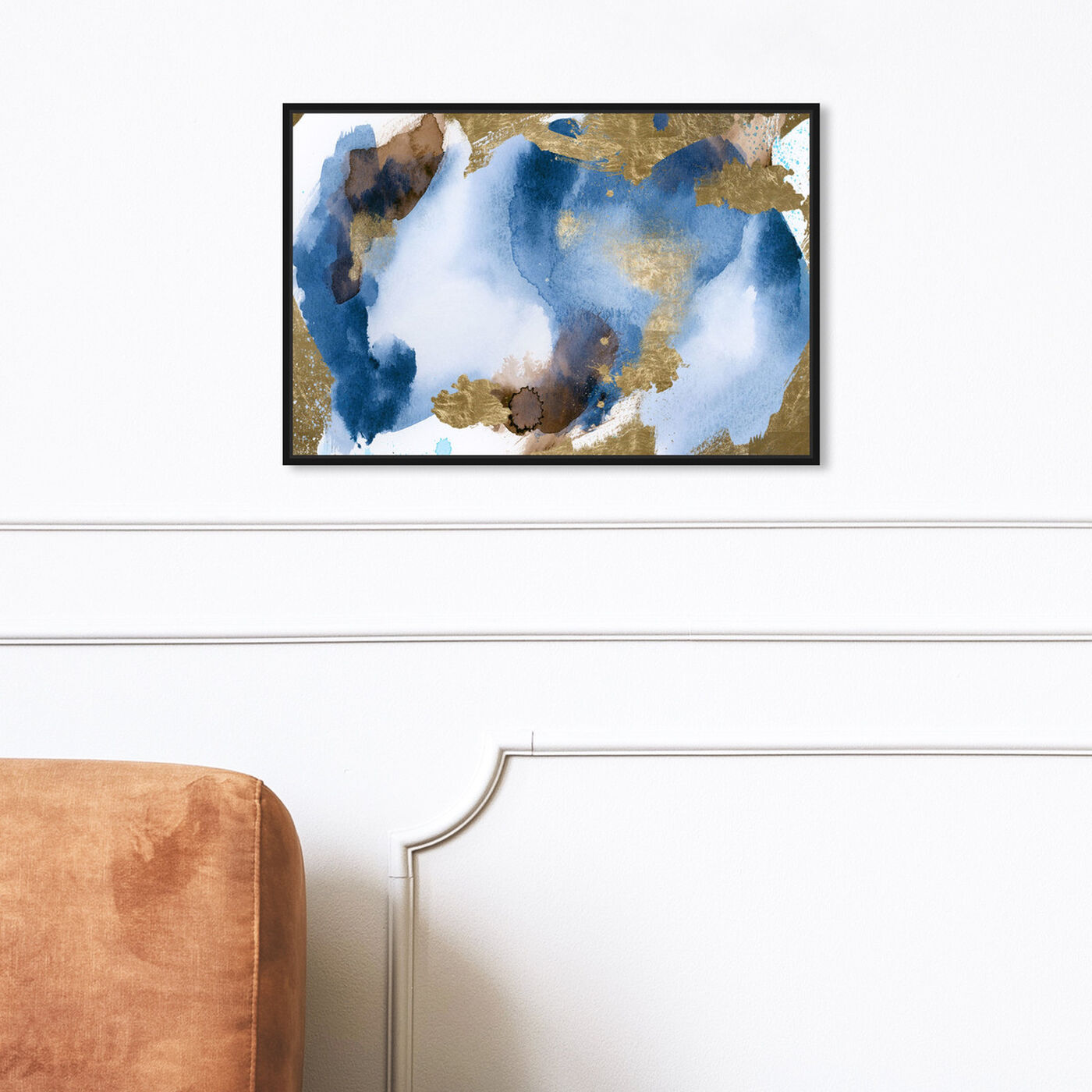 Hanging view of Blue In Gold featuring abstract and watercolor art.