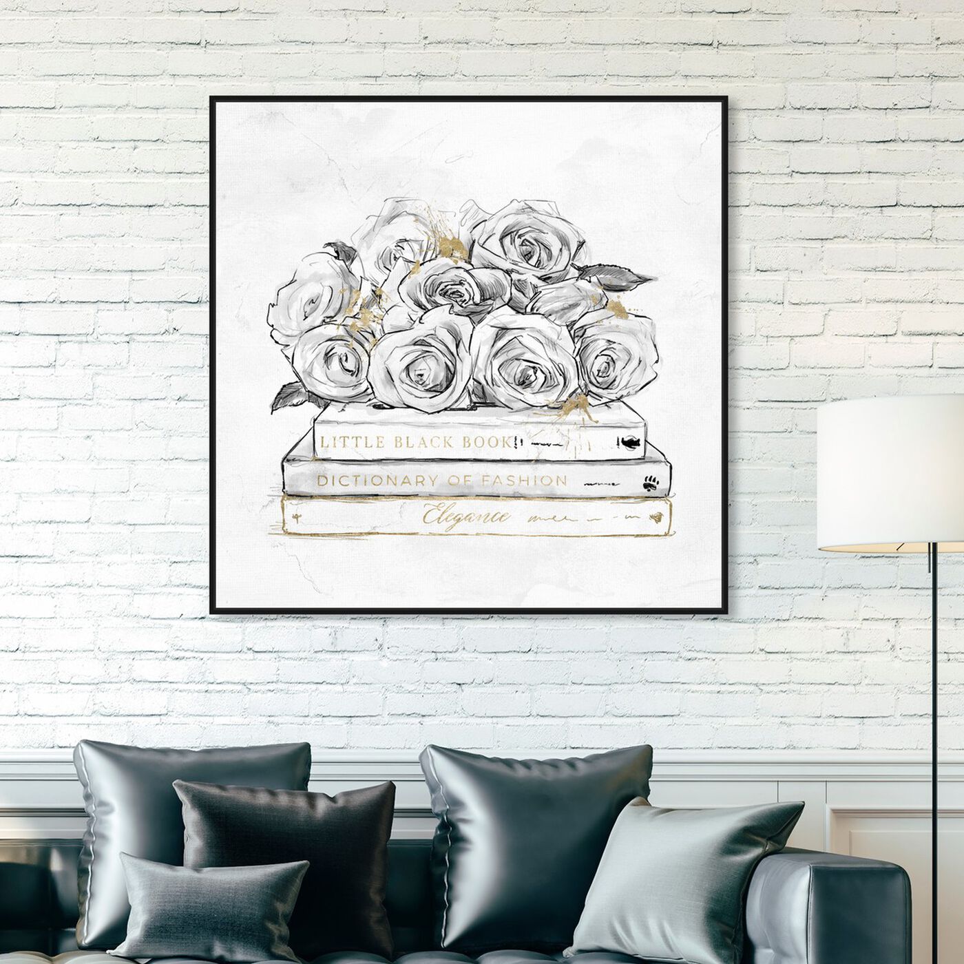 Hanging view of Roses and Books Gold featuring fashion and glam and books art.