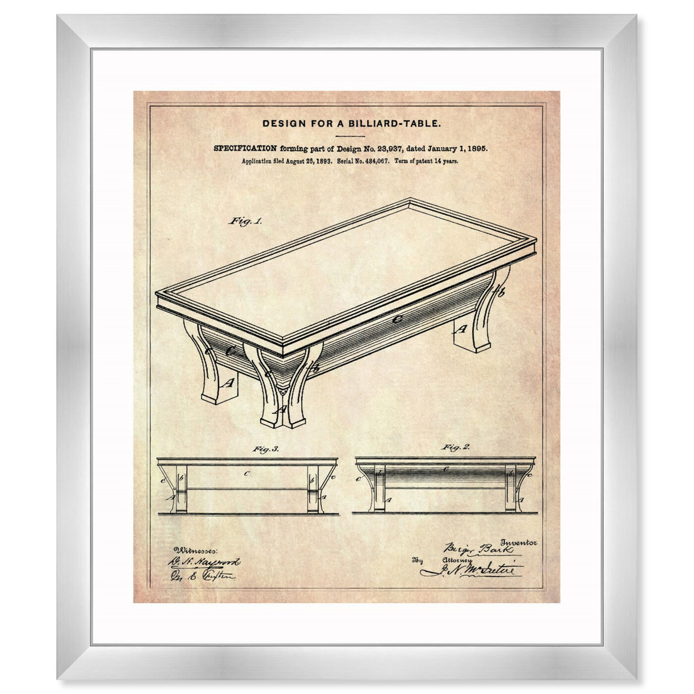 Front view of Design for a Billiard-Table 1895 featuring entertainment and hobbies and billiards art.
