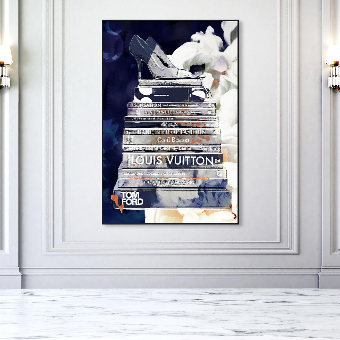 Hanging view of Deep Blue Thoughts featuring fashion and glam and books art.