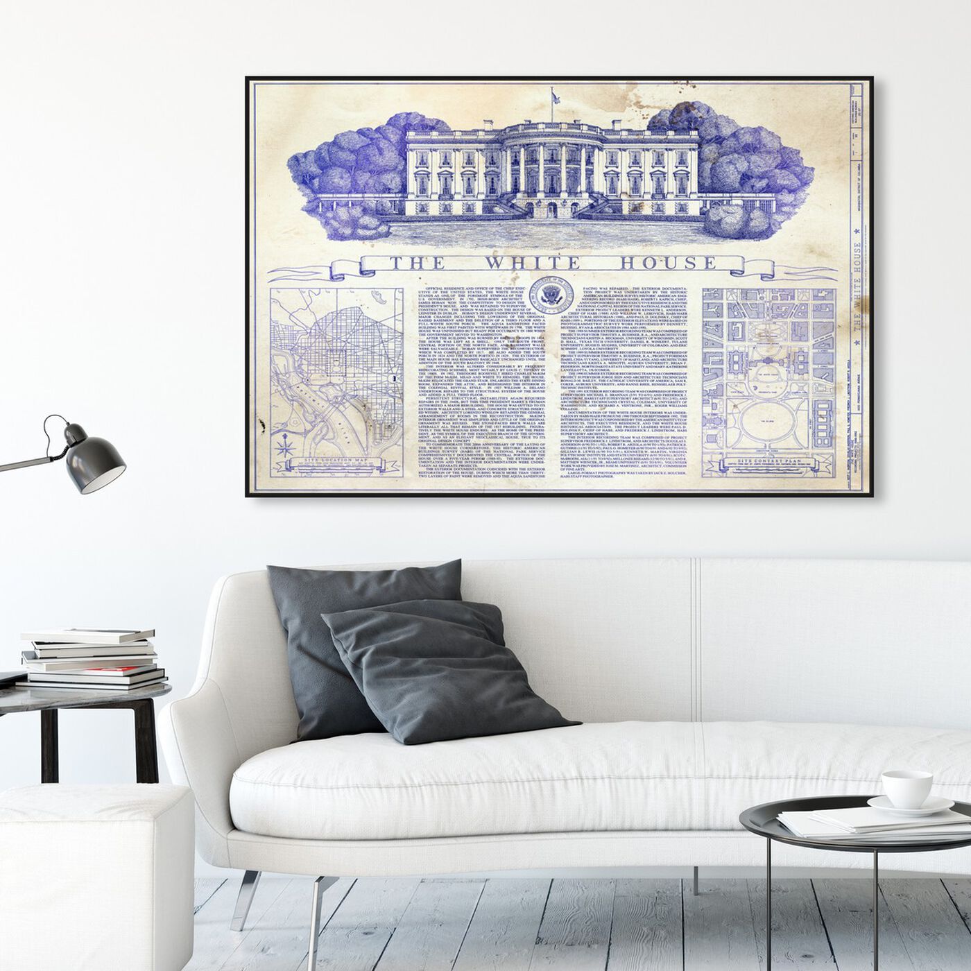Hanging view of The White House Blueprint featuring architecture and buildings and united states buildings art.