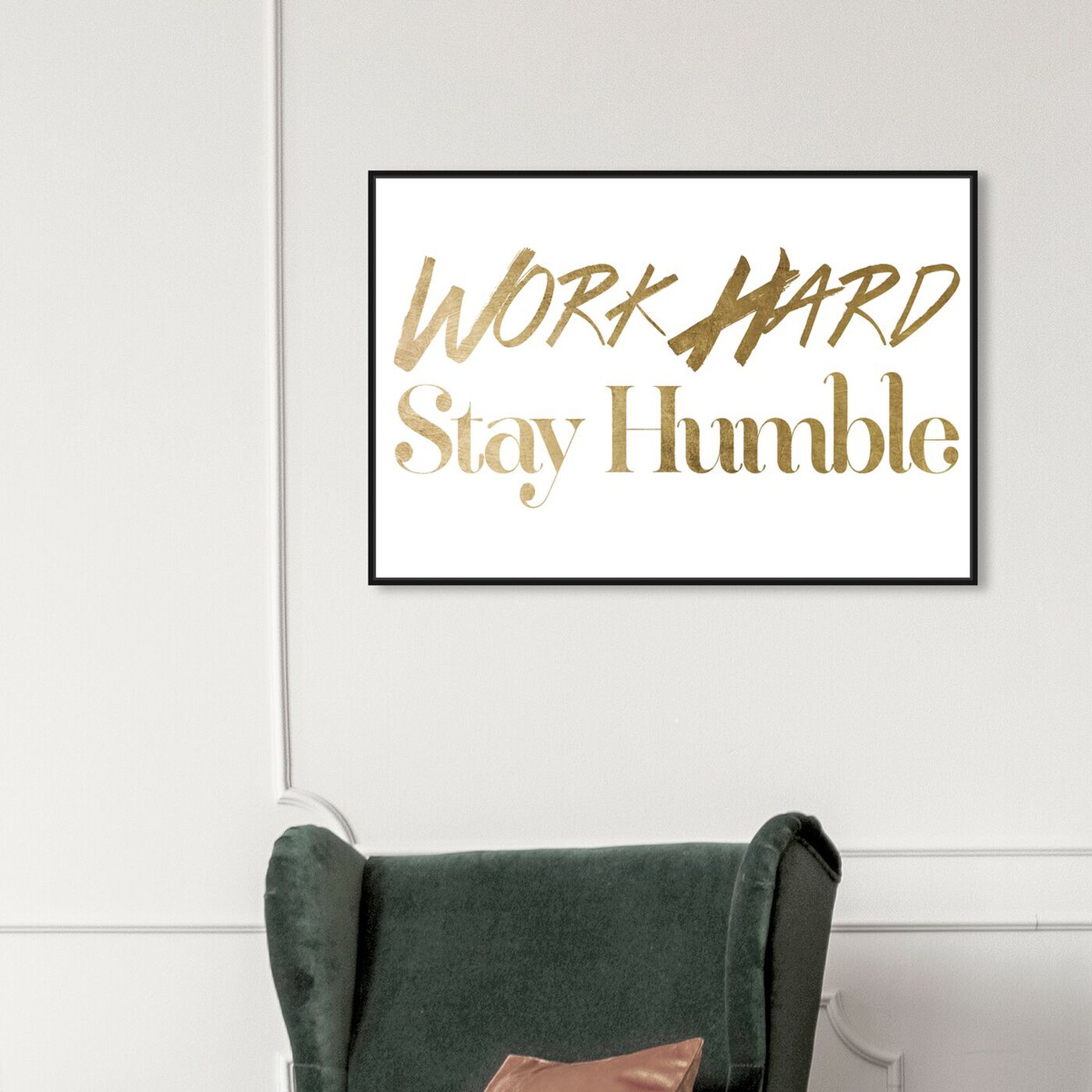 Hanging view of Work Hard Gold Foil featuring typography and quotes and inspirational quotes and sayings art.