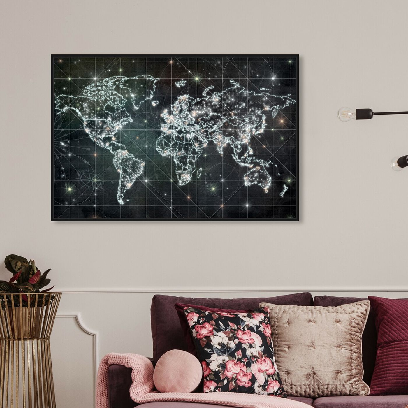 Hanging view of Mapamundi Galaxy featuring maps and flags and american countries flags art.