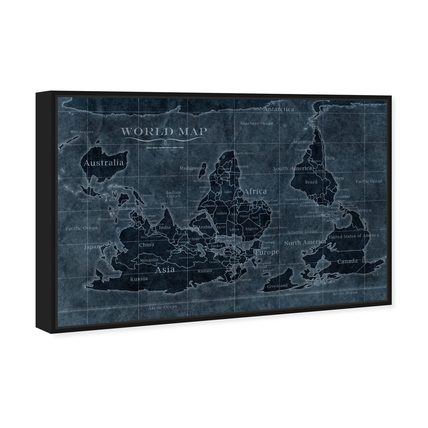 Angled view of Upside-Down Map of the World Noir featuring maps and flags and world maps art.