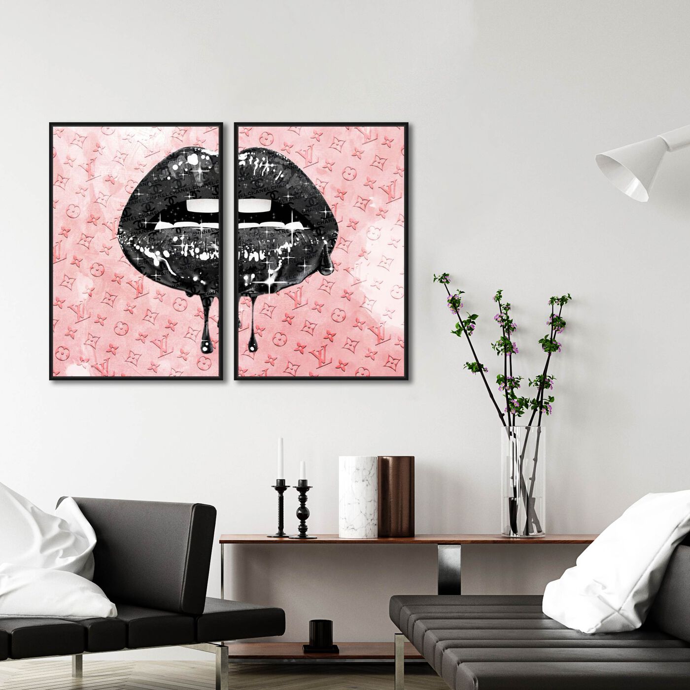 Noir and Blush Lips DIPTYCH - Displayed in a Floating Frame