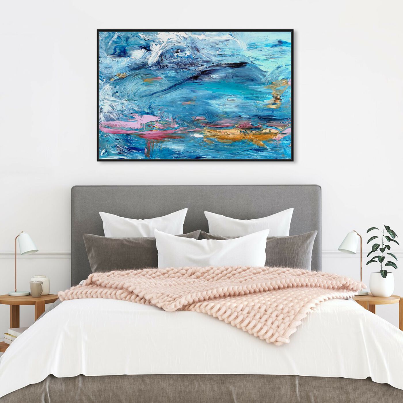 Hanging view of Indigo and Rising Sun Flourish featuring abstract and textures art.