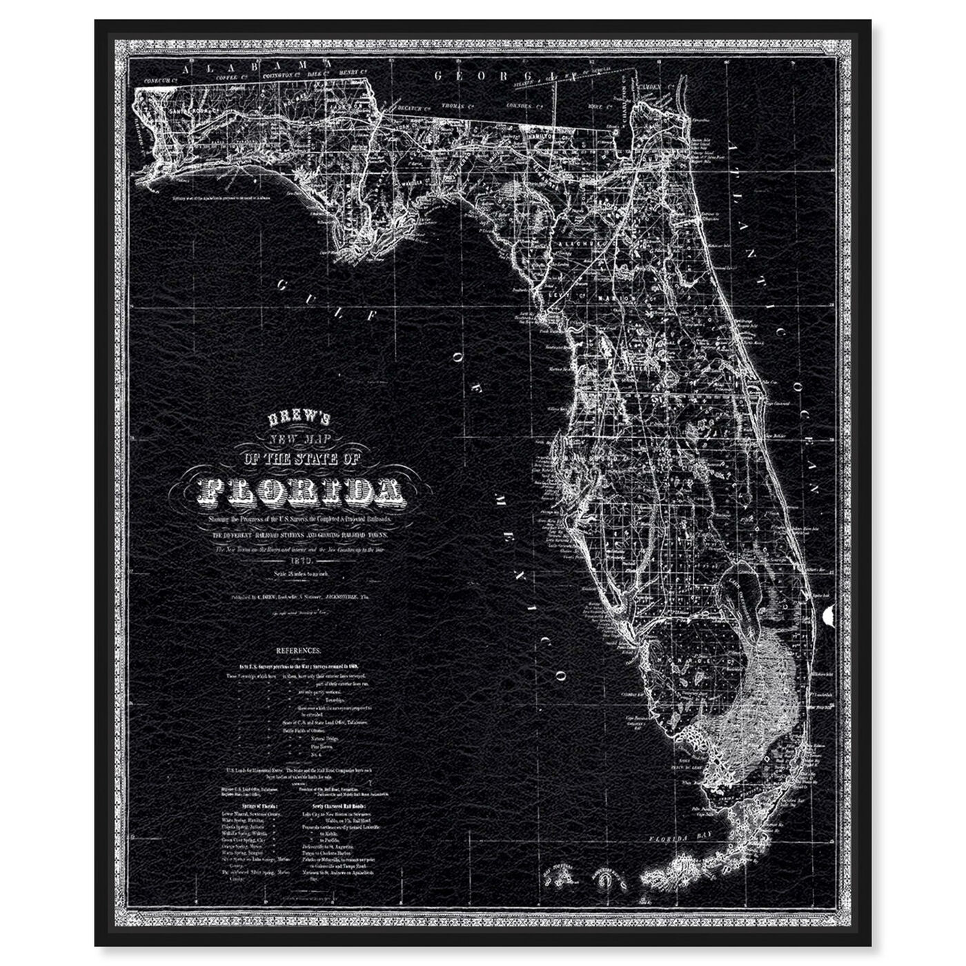 Front view of Florida Map 1870 featuring maps and flags and us states maps art.
