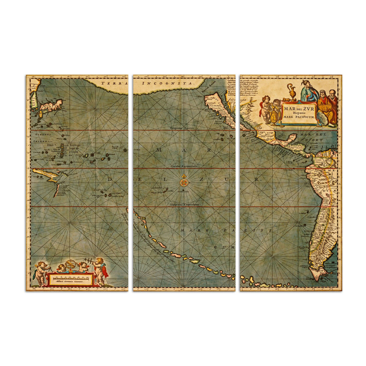 Mare Pacificum Map 1600s Triptych