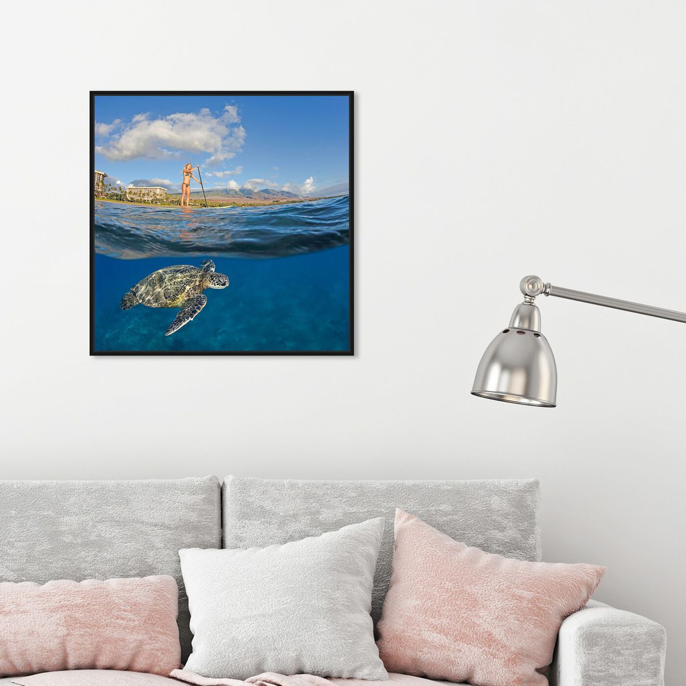 Hanging view of Sea Turtle and Woman by David Fleetham featuring nautical and coastal and marine life art.