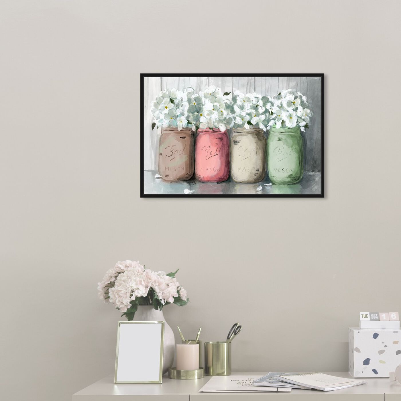 Hanging view of Mason Jar Muted featuring floral and botanical and florals art.
