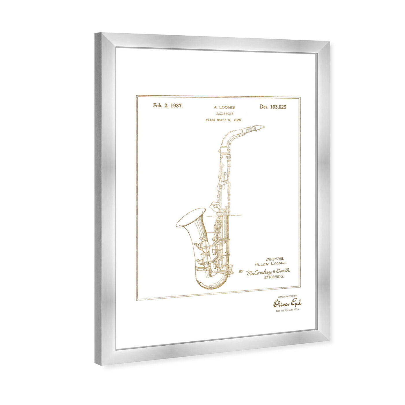 Angled view of Saxophone 1937 II Gold featuring music and dance and music instruments art.