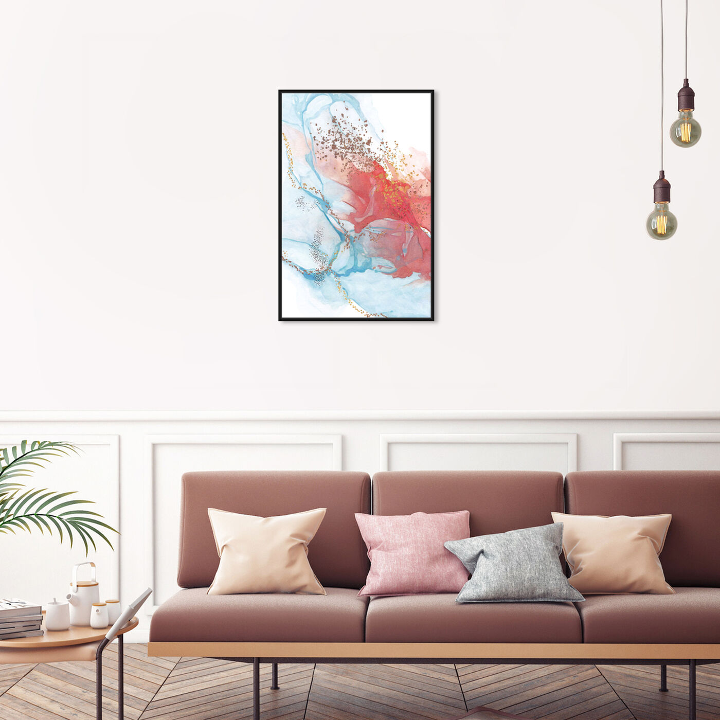 Hanging view of Golden Dots I featuring abstract and watercolor art.