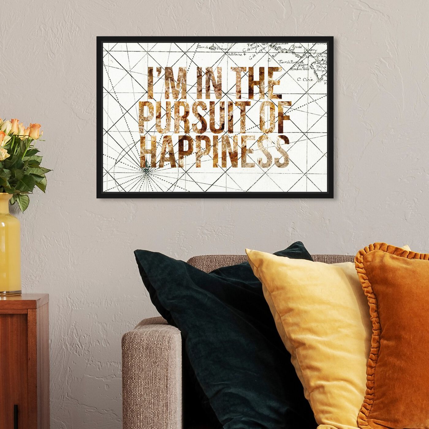 Hanging view of Pursuit of Happiness featuring typography and quotes and inspirational quotes and sayings art.