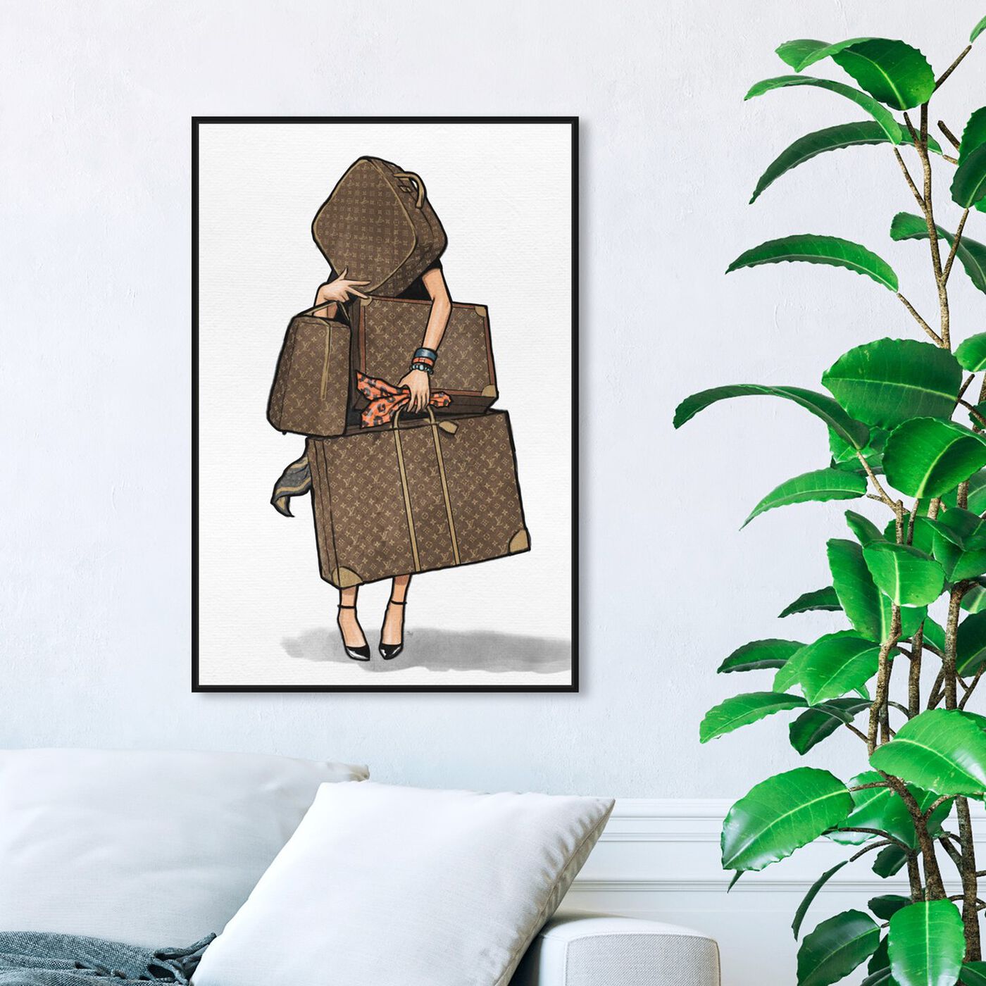 Hanging view of Bags, Bags, Bags- Orange I featuring fashion and glam and travel essentials art.