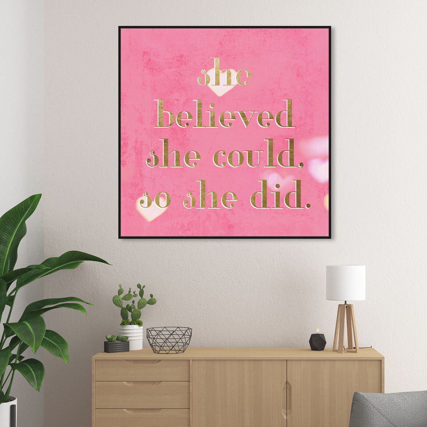 Hanging view of She Believed She Could featuring typography and quotes and empowered women quotes and sayings art.