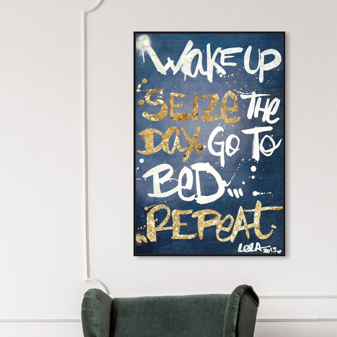 Hanging view of Seize the Day Denim featuring typography and quotes and motivational quotes and sayings art.
