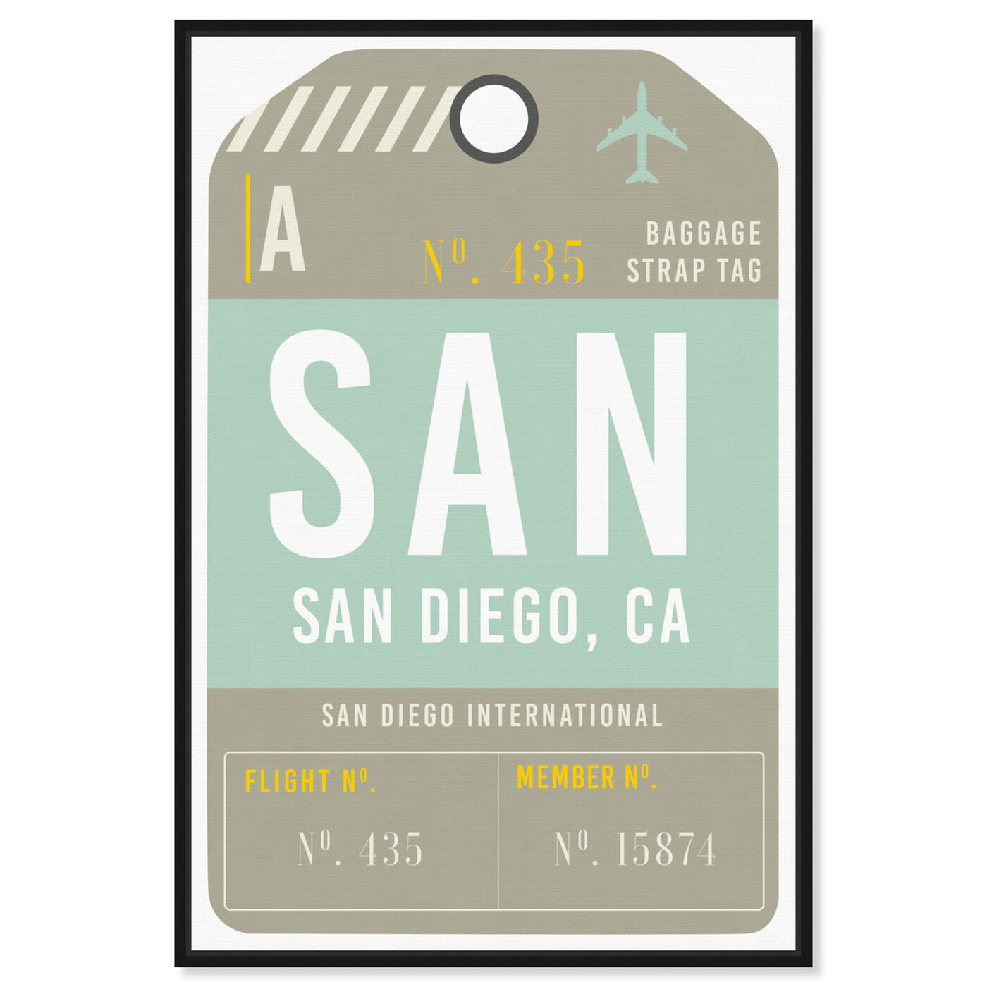 Front view of San Diego Luggage Tag featuring cities and skylines and united states cities art.