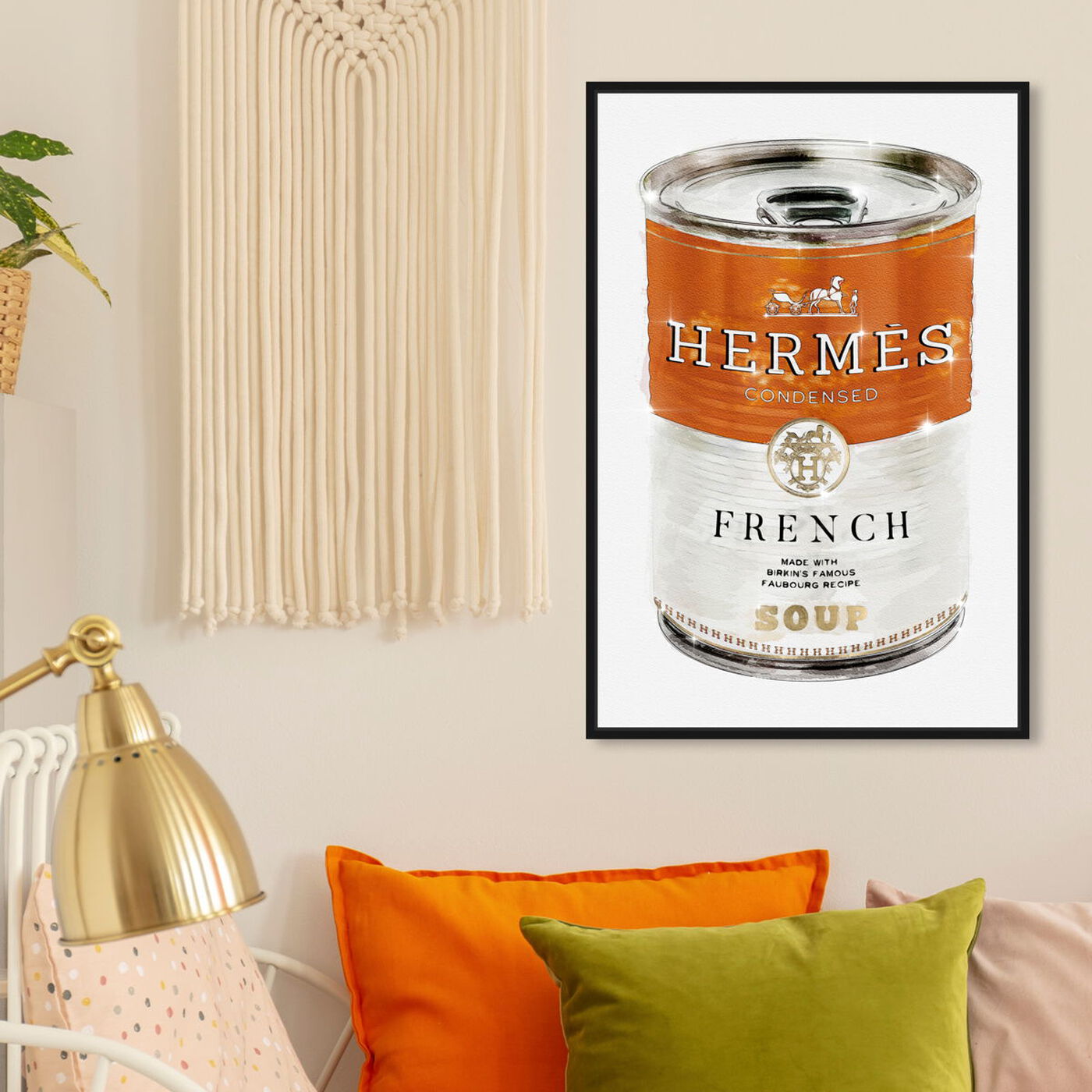 Hanging view of French Luxe Soup featuring fashion and glam and soup can art.