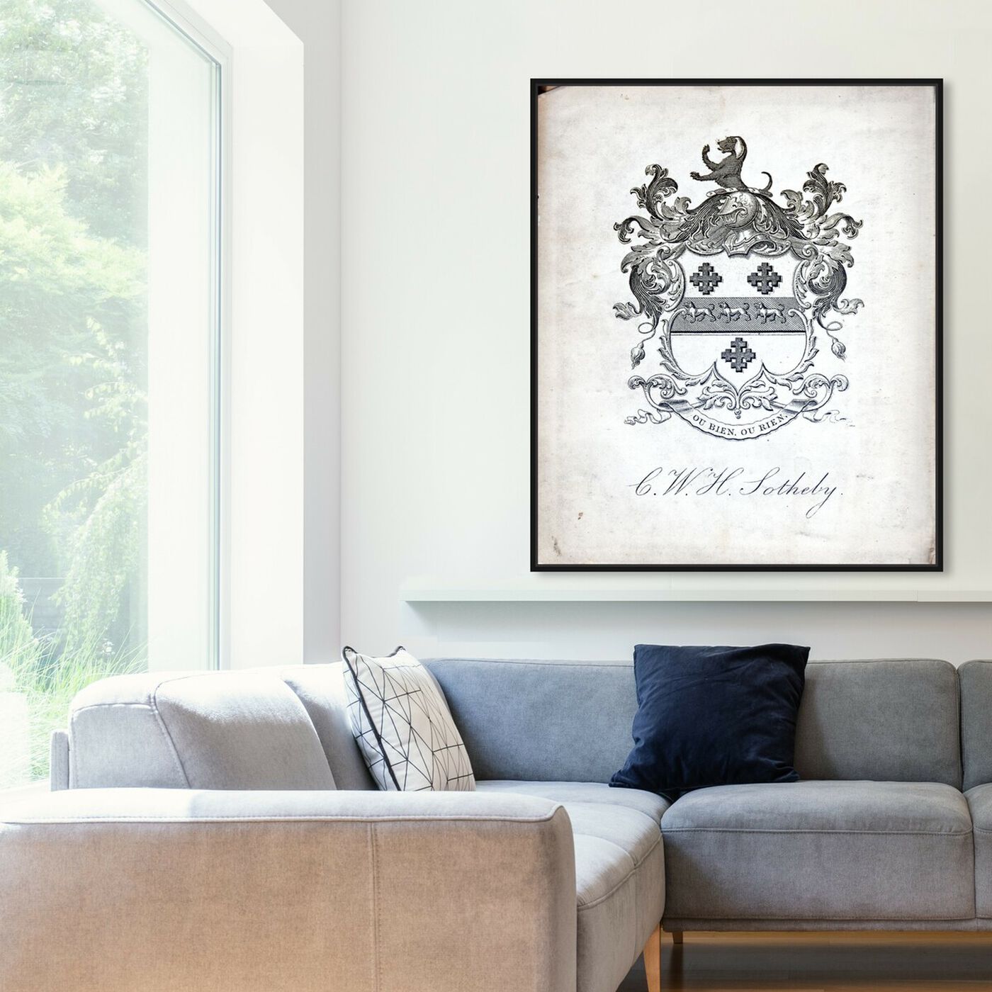 Hanging view of Armorial Engravings V featuring symbols and objects and calligraphy art.