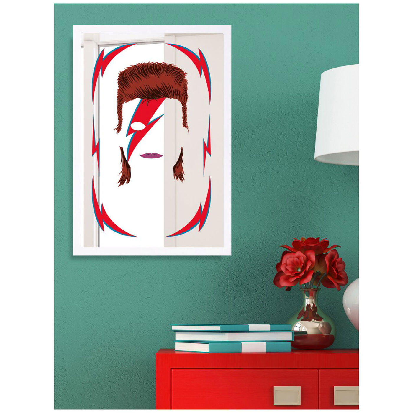 Hanging view of Bowie Mirror featuring music and dance and musicians art.