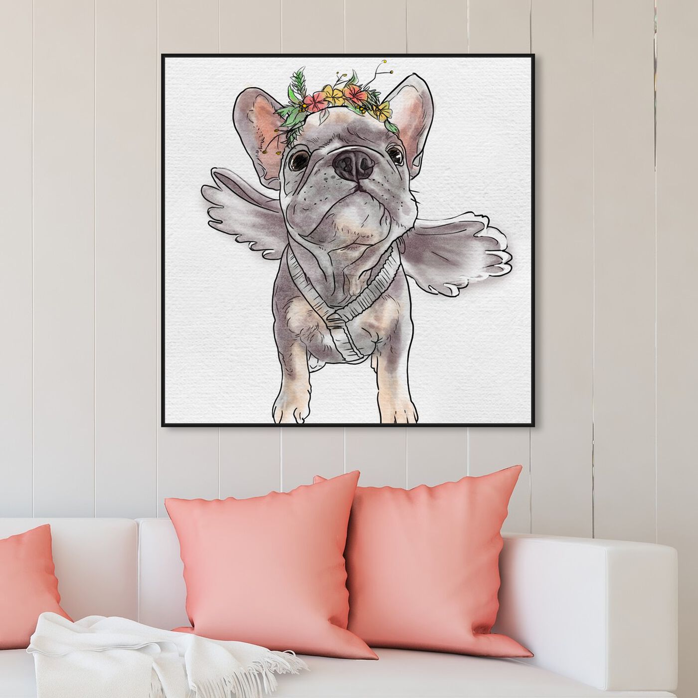 Hanging view of Frenchie Angel featuring animals and dogs and puppies art.