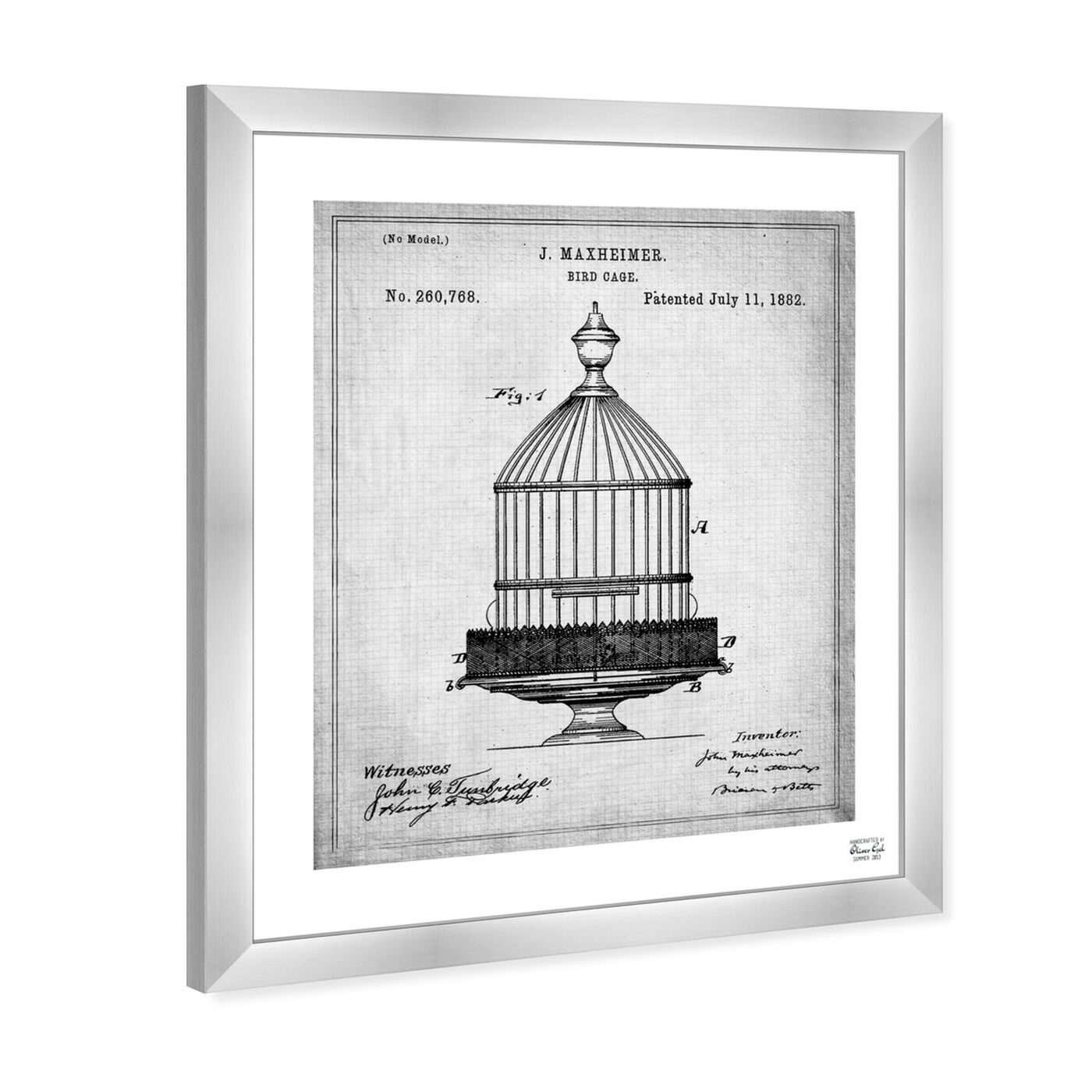 Angled view of Bird Cage 1882 featuring animals and birds art.