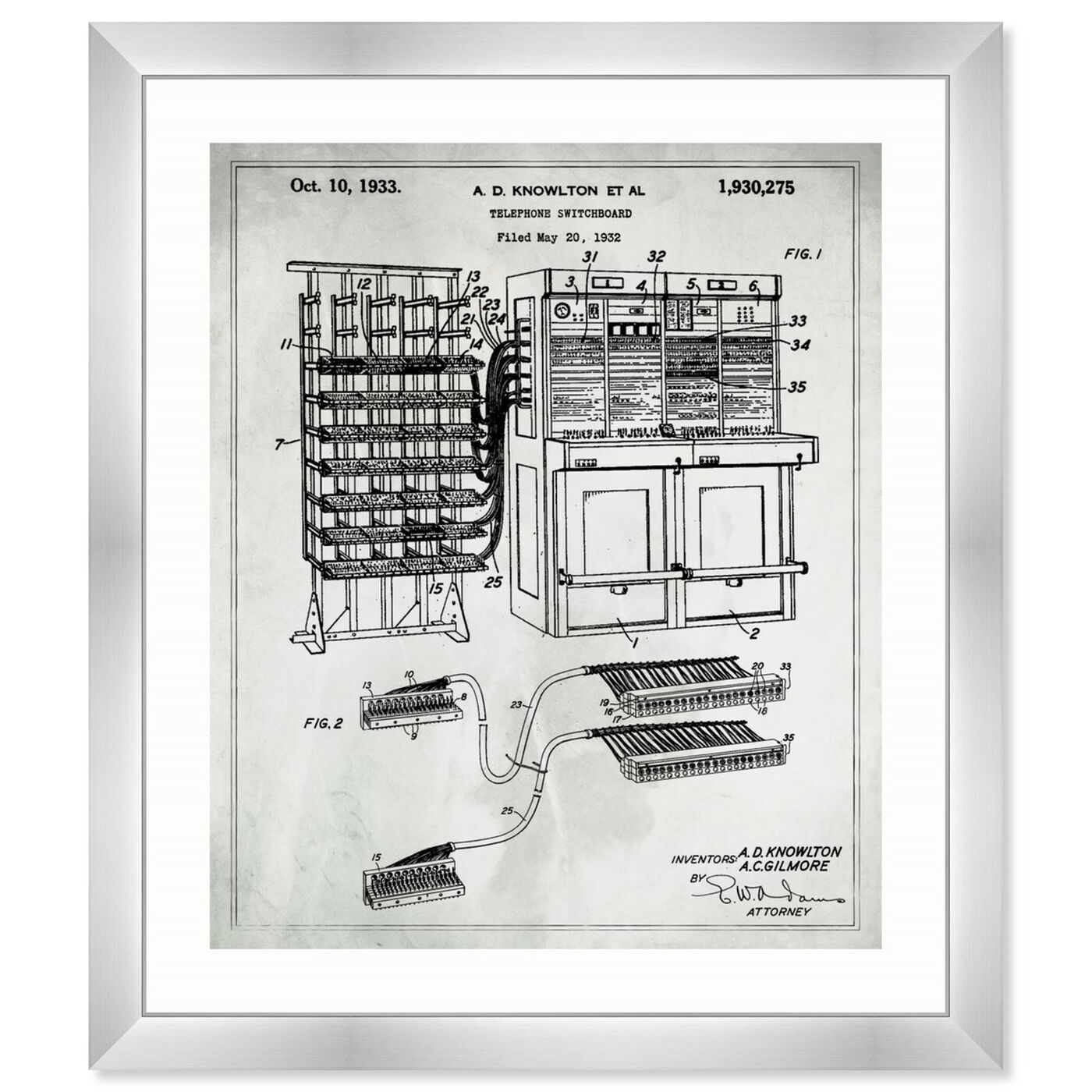 Front view of Telephone Switchboard 1933 featuring symbols and objects and scientist art.