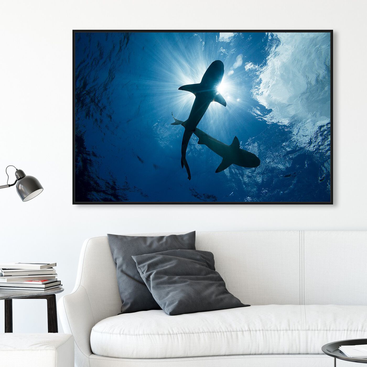 Hanging view of Blacktip Reef Sharks Pair by David Fleetham featuring nautical and coastal and marine life art.