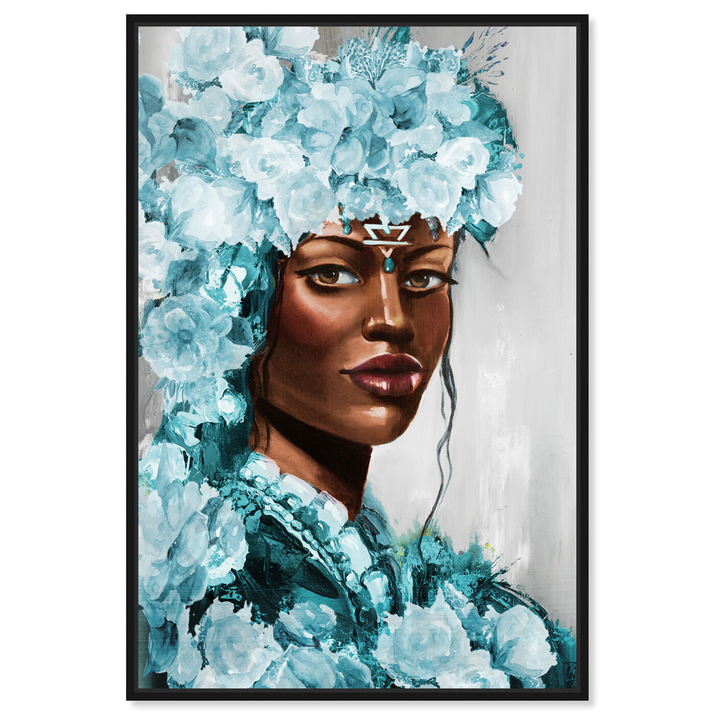Front view of Flower Queen Teal featuring people and portraits and portraits art.