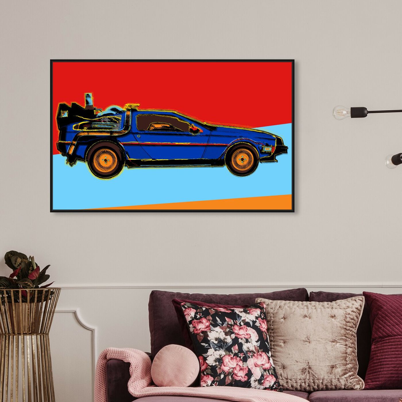 Hanging view of Warhol style Delorean featuring transportation and automobiles art.