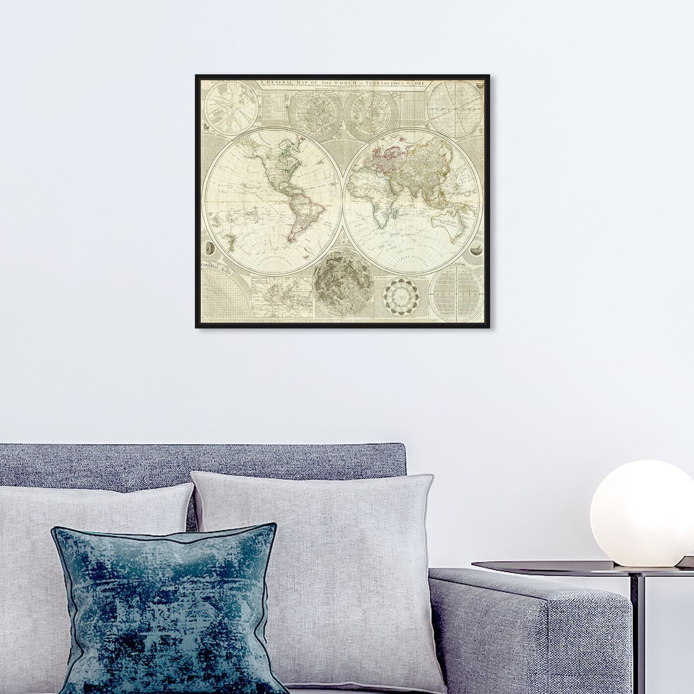 Hanging view of Terraqueous Globe Map 1787 featuring maps and flags and world maps art.