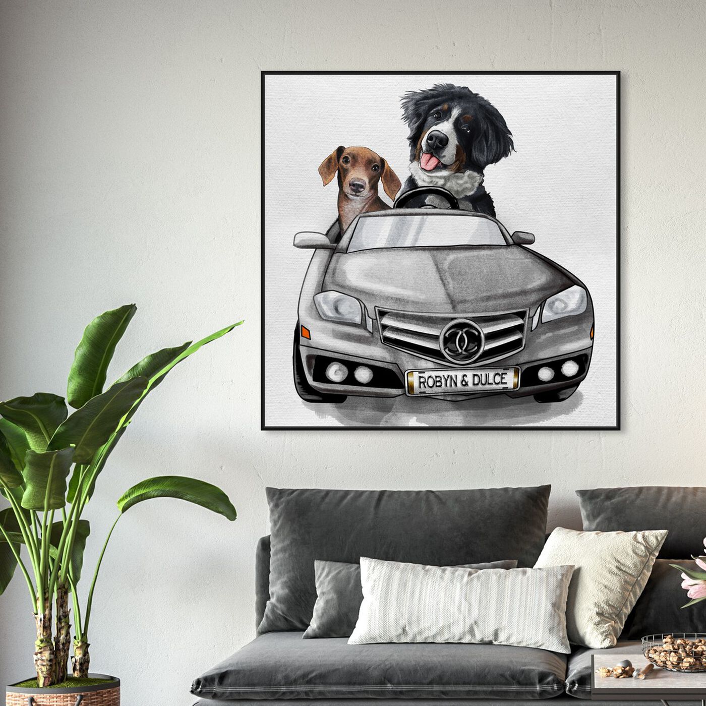 Hanging view of Luxury Car Duo featuring fashion and glam and dogs and puppies art.