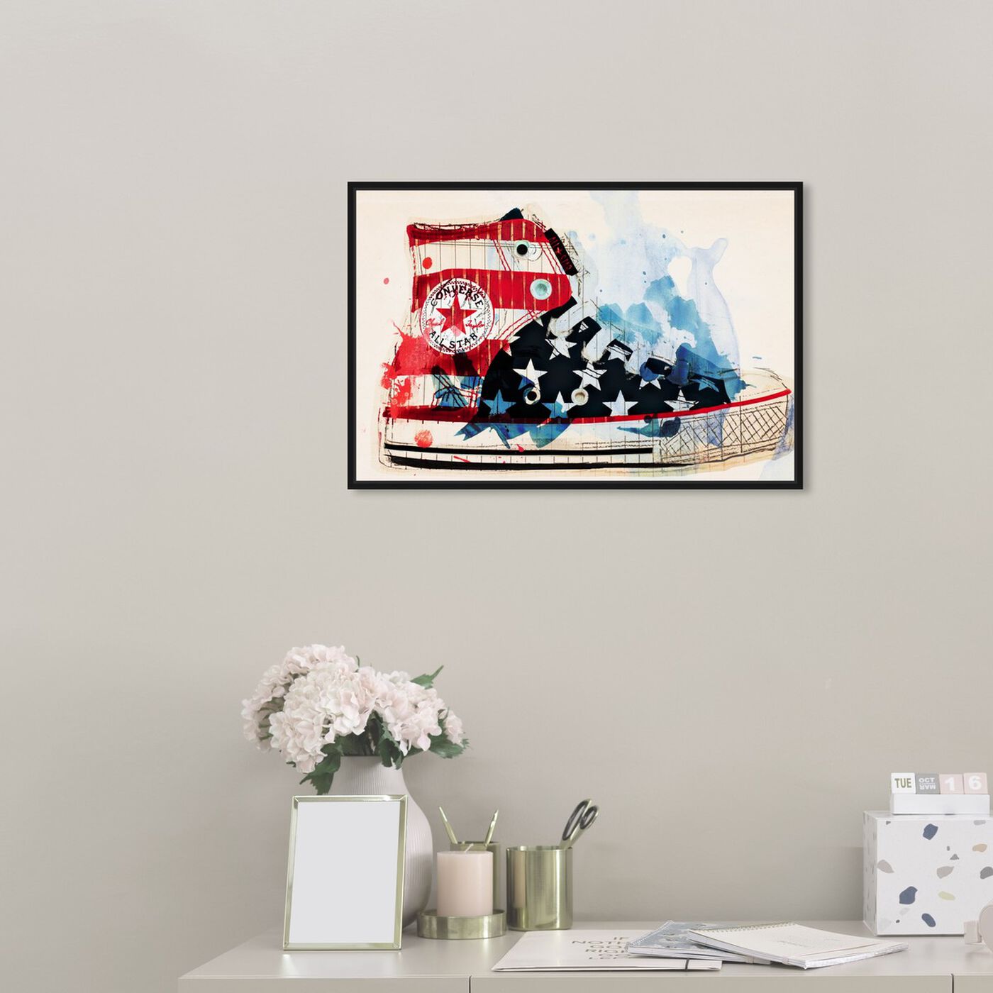 Hanging view of America's Sneaker featuring americana and patriotic and us flags art.