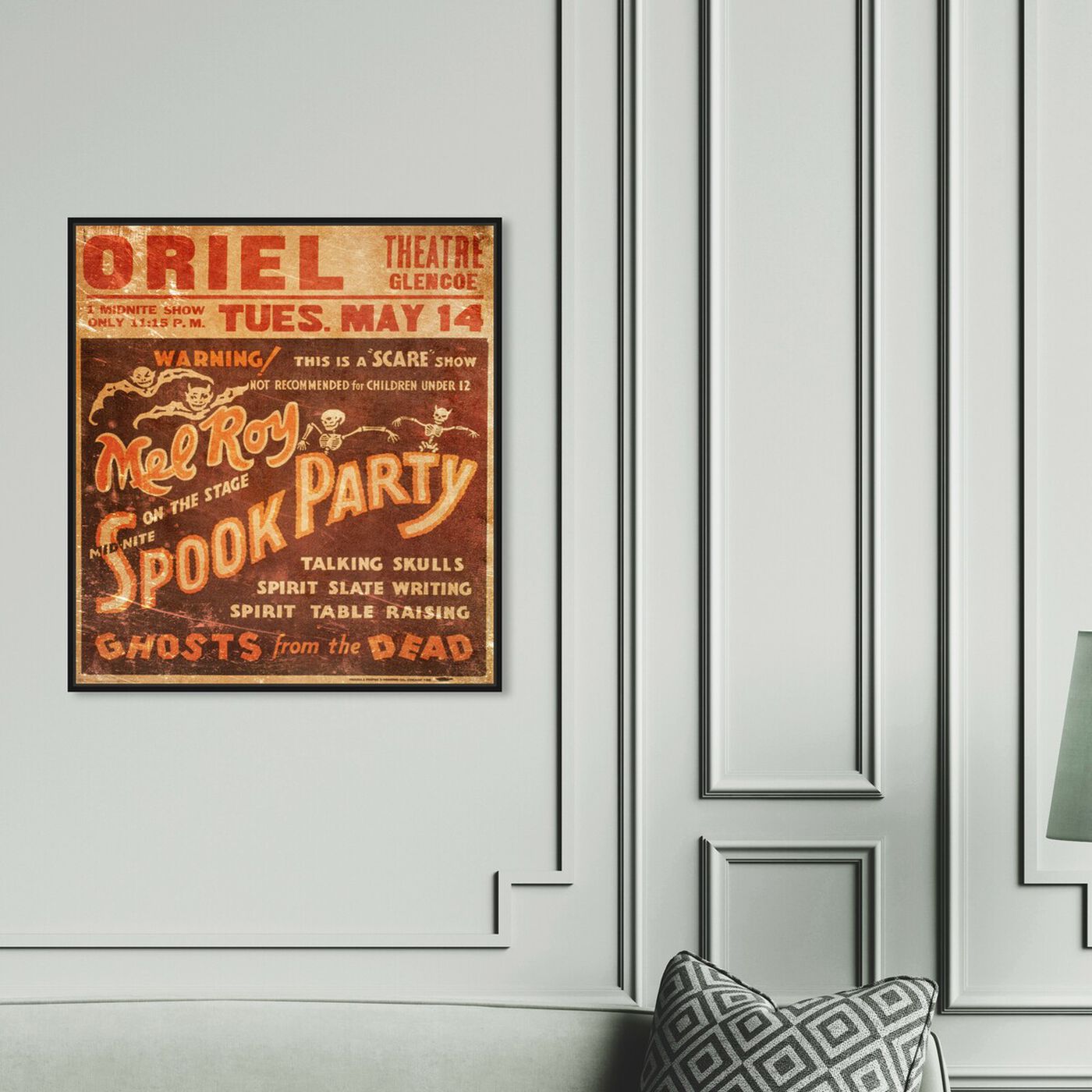 Hanging view of Spooky Party featuring advertising and posters art.