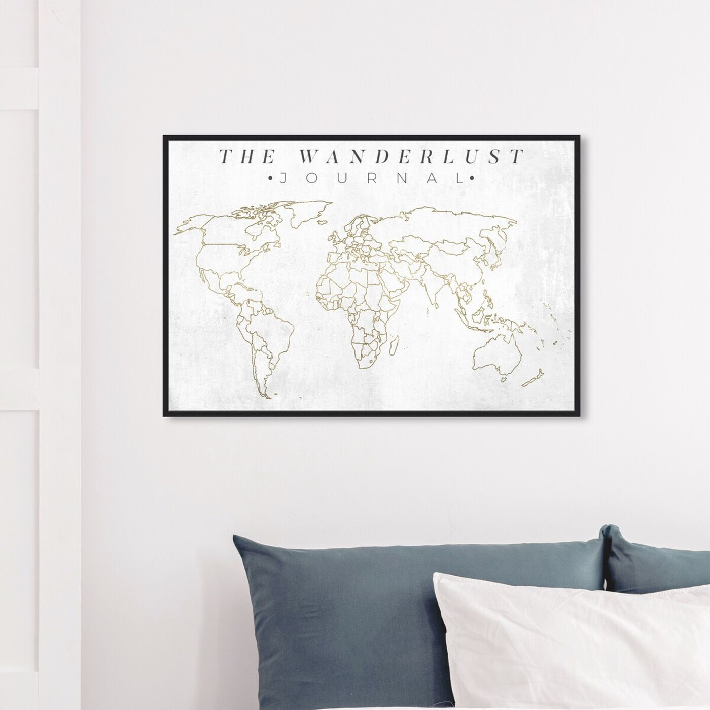 Hanging view of The Wanderlust Journal featuring maps and flags and world maps art.