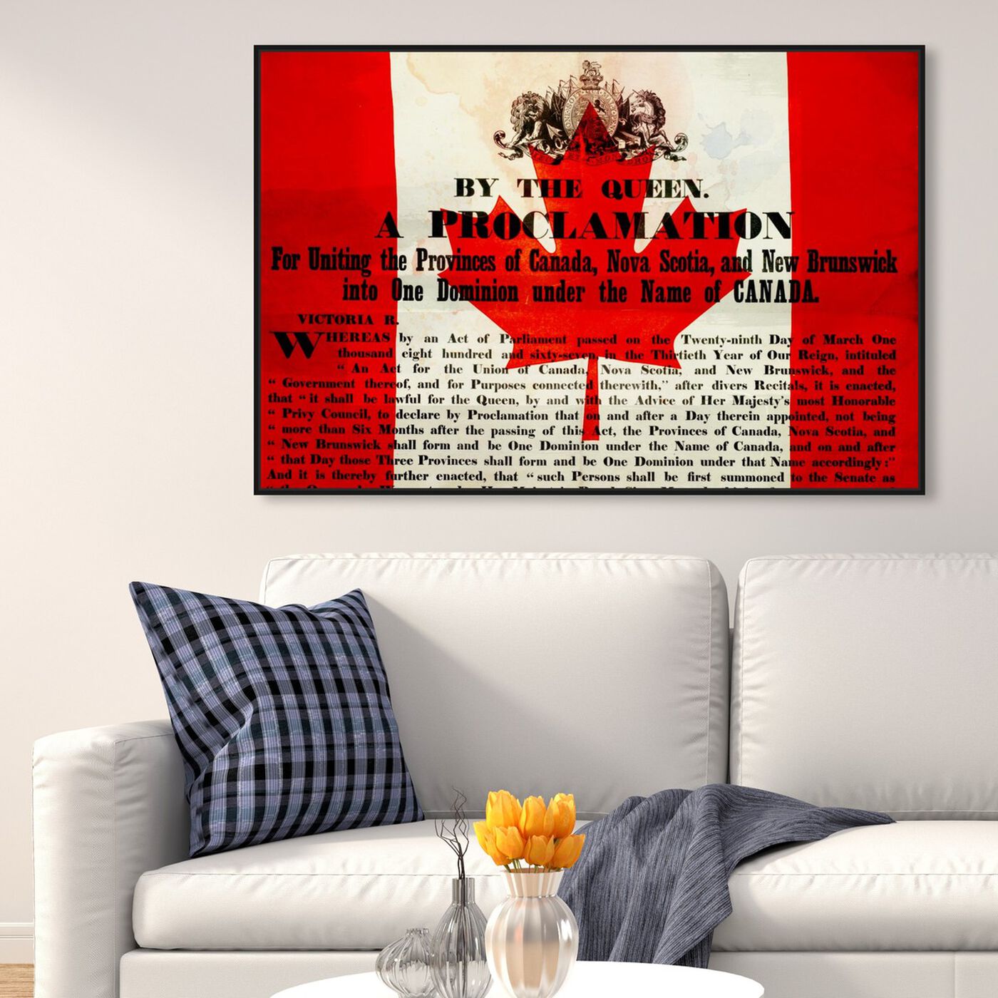 Hanging view of Proclamation of Canada featuring world and countries and north american cultures art.