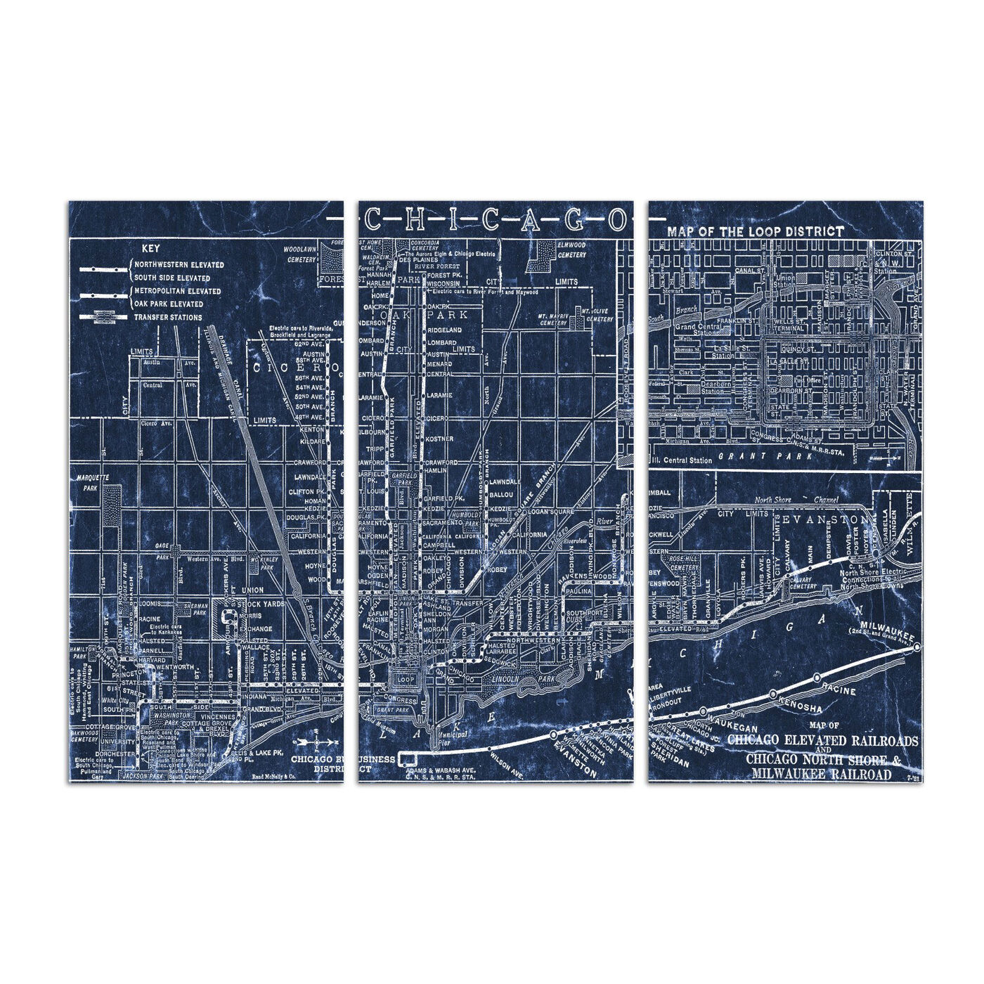 Chicago Railroad Blueprint Map Triptych