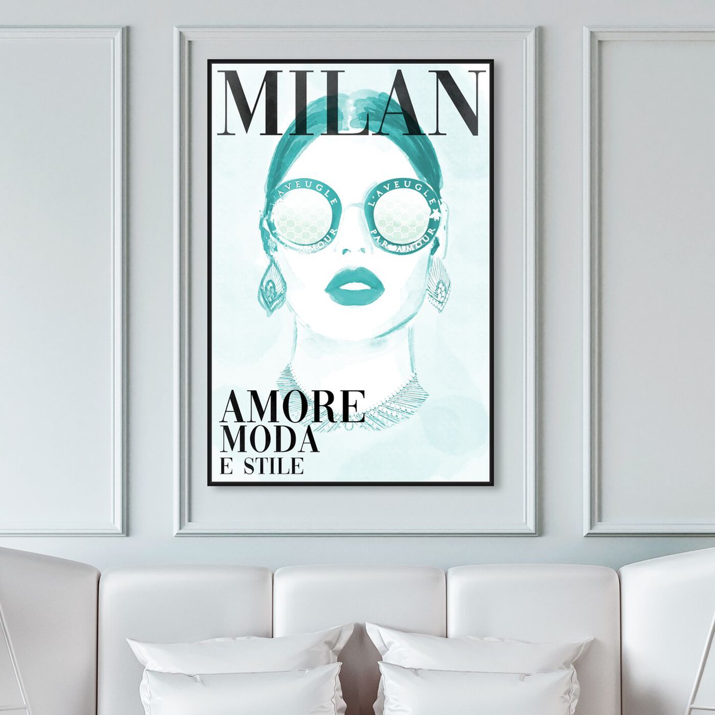 Hanging view of Cover Watercolor Milan Aqua featuring fashion and glam and portraits art.