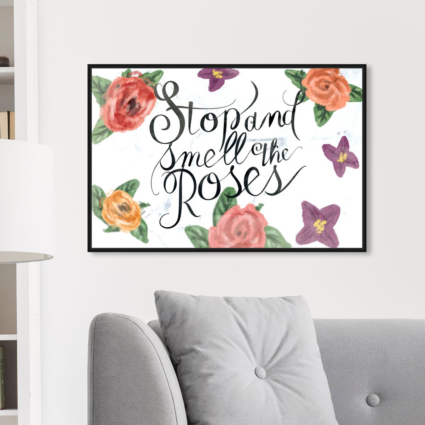 Hanging view of Smell The Roses featuring typography and quotes and beauty quotes and sayings art.