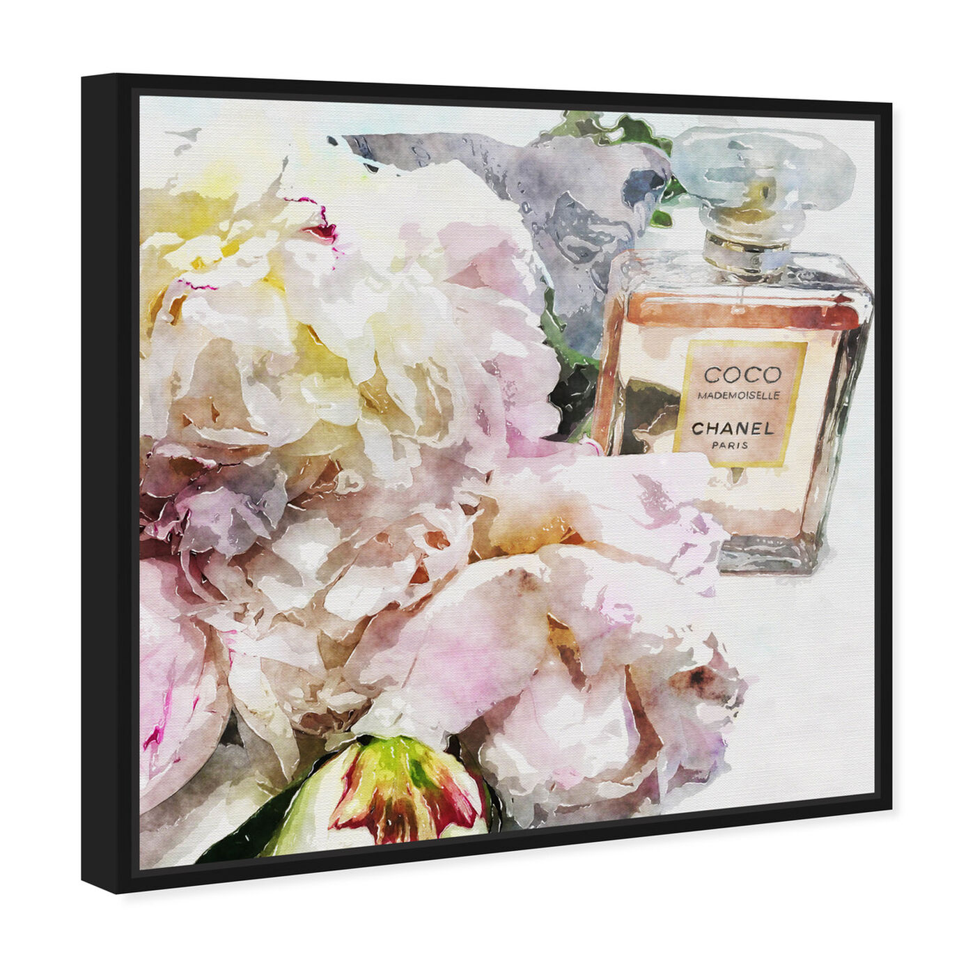 Angled view of Peonies and Coco Dark featuring floral and botanical and florals art.