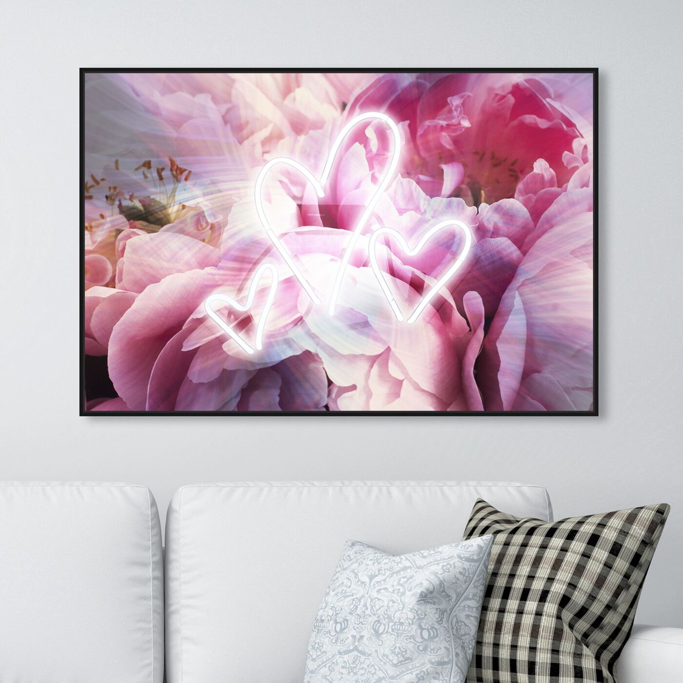 Hanging view of LED Hearts featuring floral and botanical and florals art.