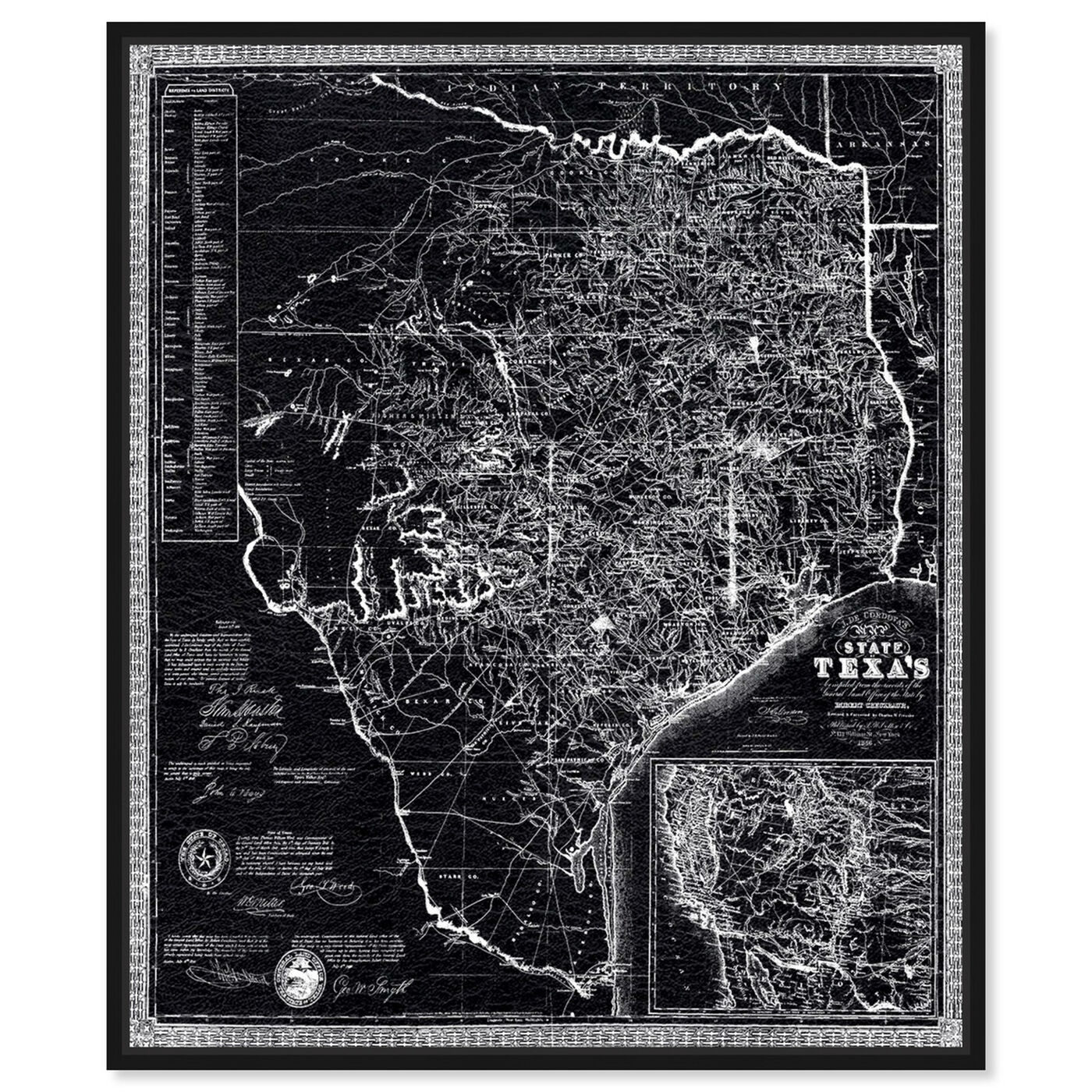 Front view of Texas Map1856 featuring maps and flags and us states maps art.