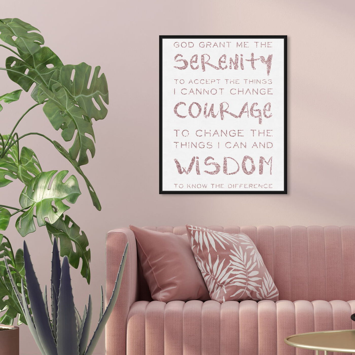 Hanging view of Serenity Prayer Blush and White featuring typography and quotes and inspirational quotes and sayings art.
