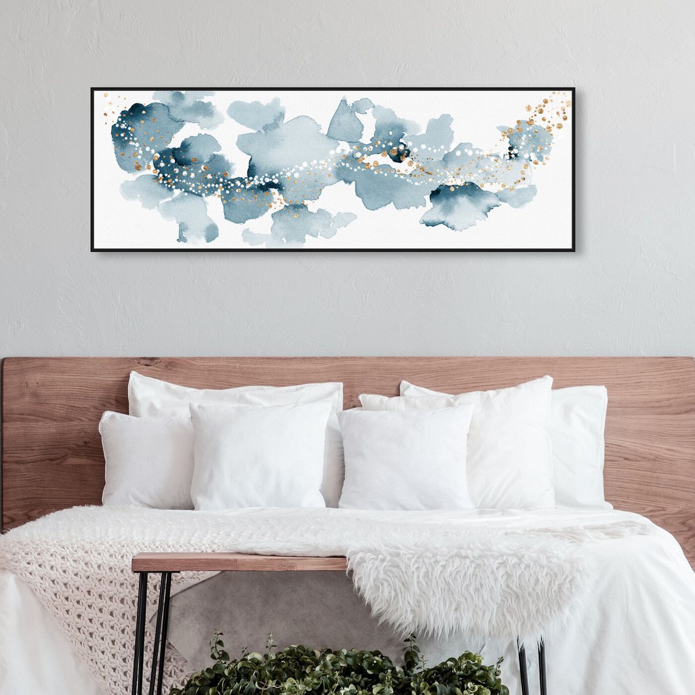 Hanging view of Blue Cloud Sky featuring abstract and watercolor art.