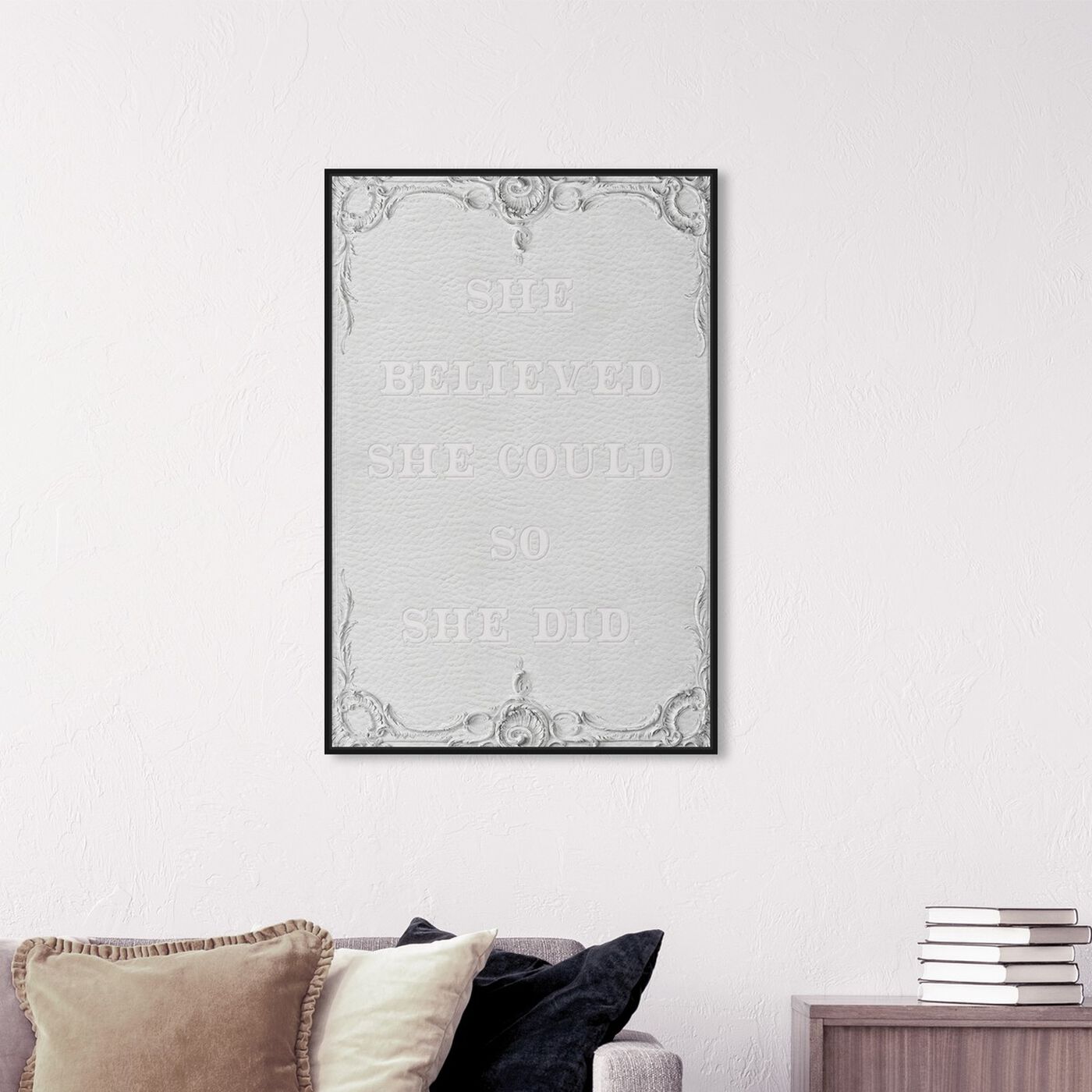 Hanging view of She Did White Leather featuring typography and quotes and empowered women quotes and sayings art.