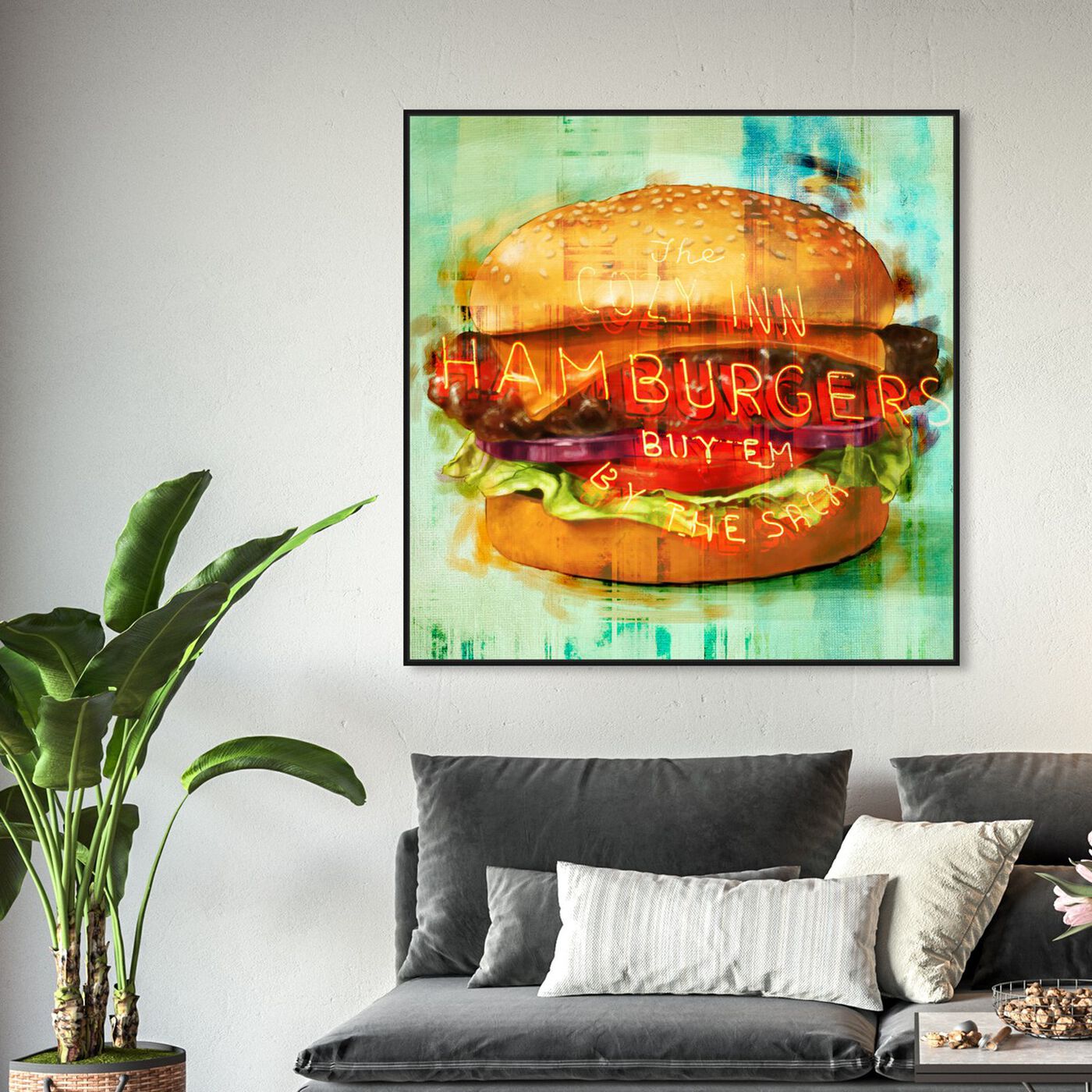 Hanging view of Cozy Hamburgers featuring food and cuisine and fast food art.