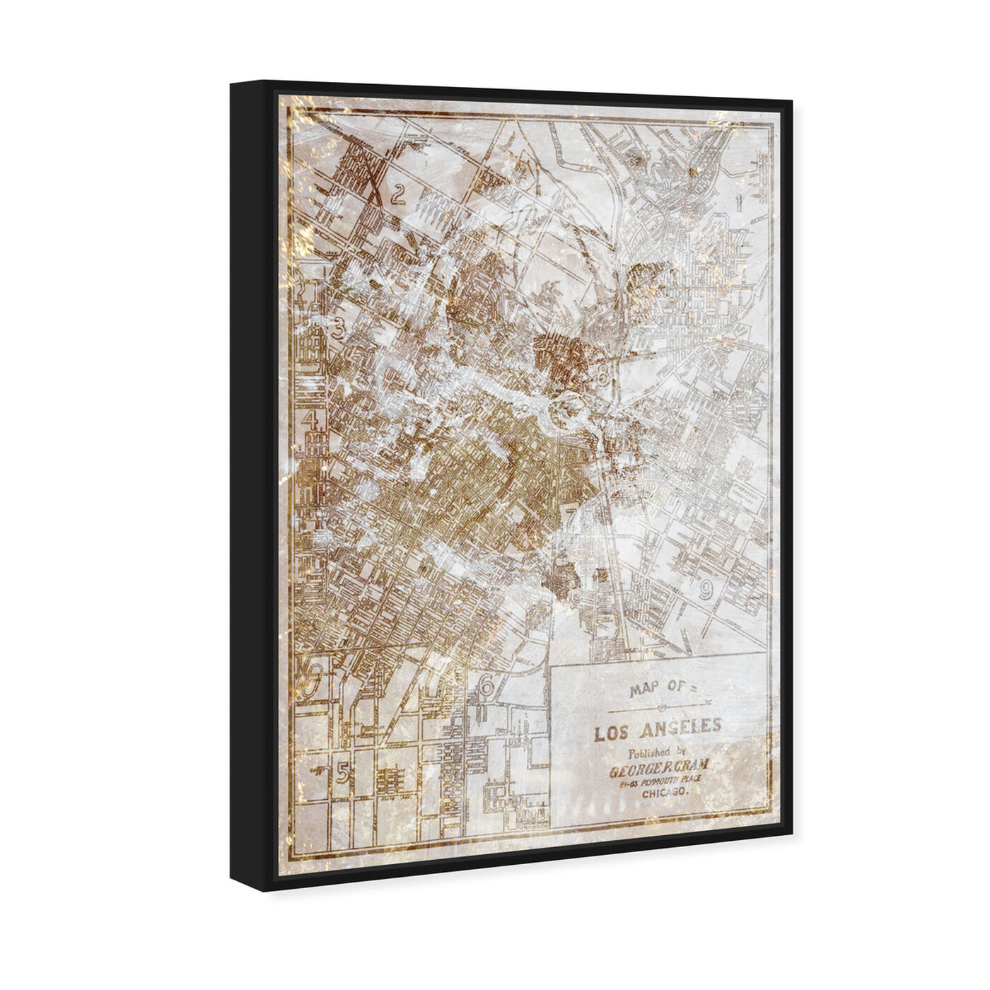 Angled view of Dusty Gold Los Angeles Map featuring maps and flags and us cities flags art.