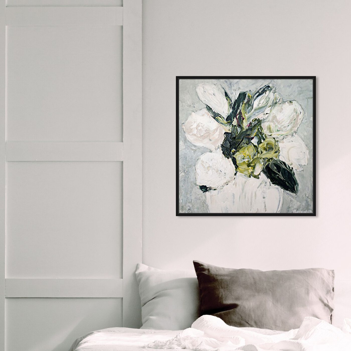 Hanging view of White I by Claire Sower featuring floral and botanical and florals art.