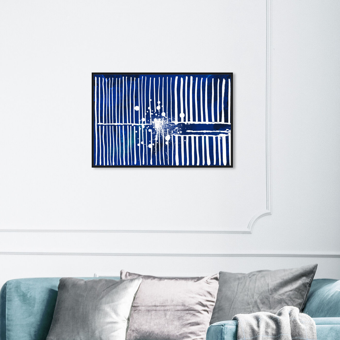 Hanging view of Love Forcefield Navy Velvet featuring abstract and shapes art.
